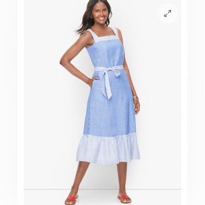 Talbots Striped Tie Waist Linen Midi Dress Blue White